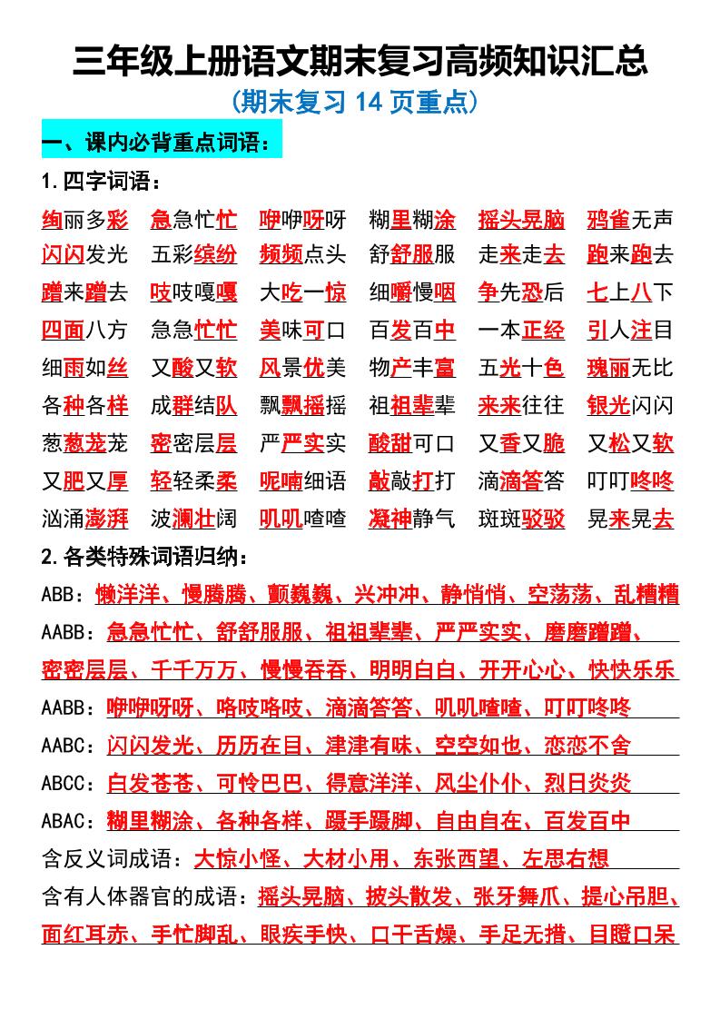 三年级上册语文期末复习高频知识汇总-佳腾网赚