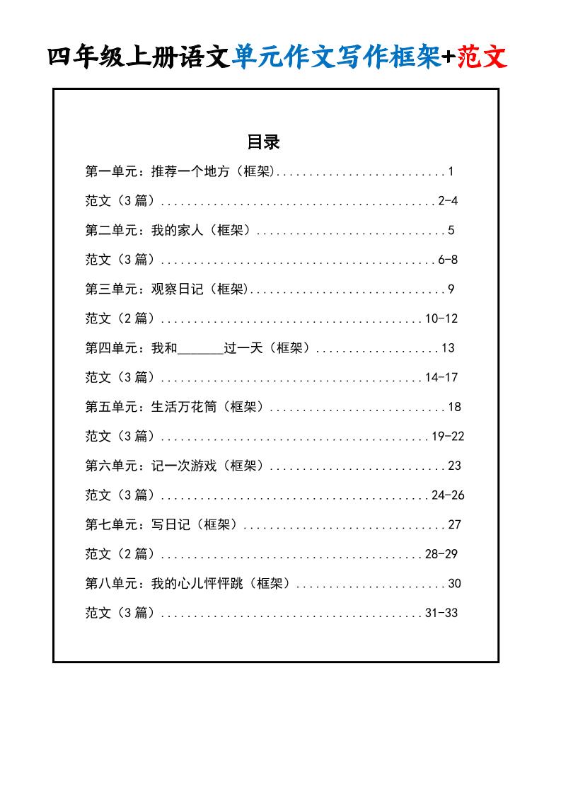 四上语文1-8单元作文写作框架+范文34页-佳腾网赚