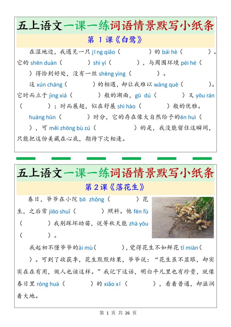 五上语文一课一练词语情景默写小纸条（含答案26页）-佳腾网赚