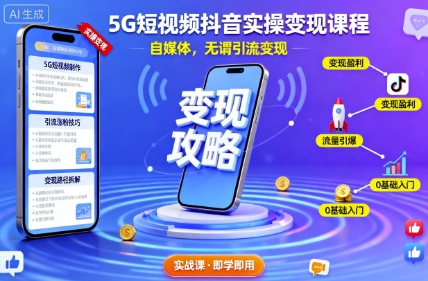 5G短视频抖音实操变现课程，自媒体，无谓引流变现-佳腾网赚