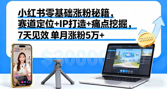 小红书零基础涨粉秘籍，赛道定位+IP打造+痛点挖掘，7天见效 单月涨粉5万+-佳腾网赚