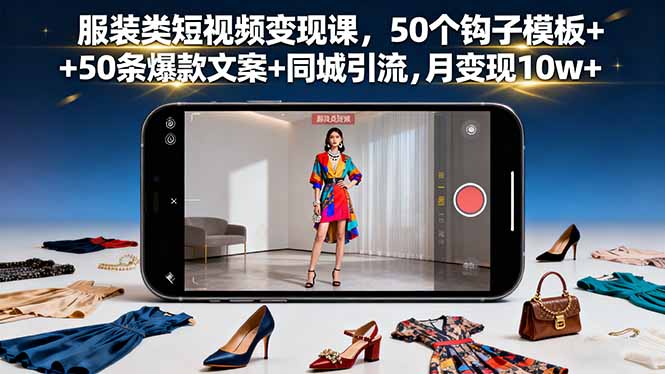 服装类短视频变现课，50个钩子模板+50条爆款文案+同城引流，月变现10w+-佳腾网赚
