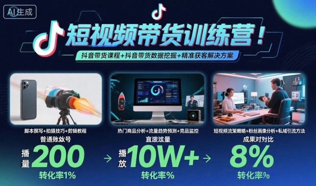 短视频带货训练营，抖音带货课程+抖音带货数据挖掘+精准获客解决方案-佳腾网赚