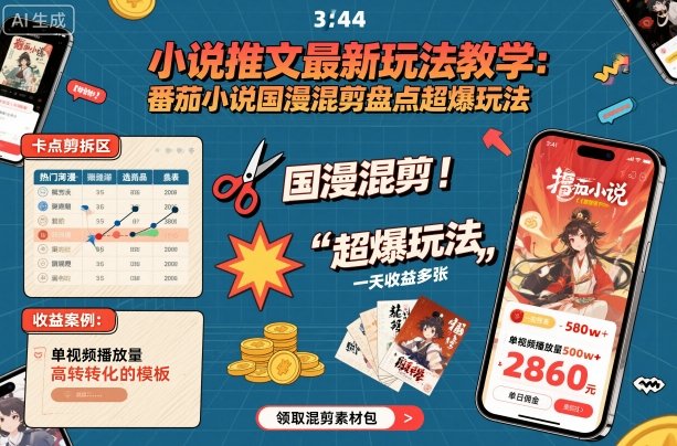 小说推文最新玩法教学，番茄小说国漫混剪盘点超爆玩法，全程干货，一天收益多张-佳腾网赚