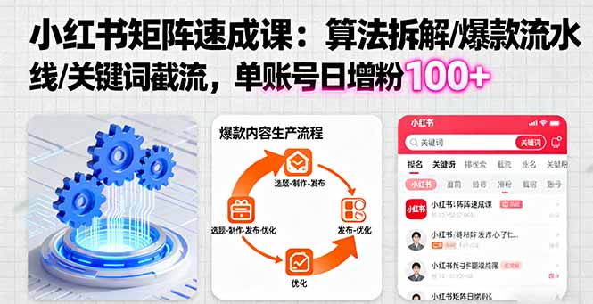 小红书矩阵起号速成课：算法拆解/爆款流水线/关键词截流 单账号日增粉100+-佳腾网赚