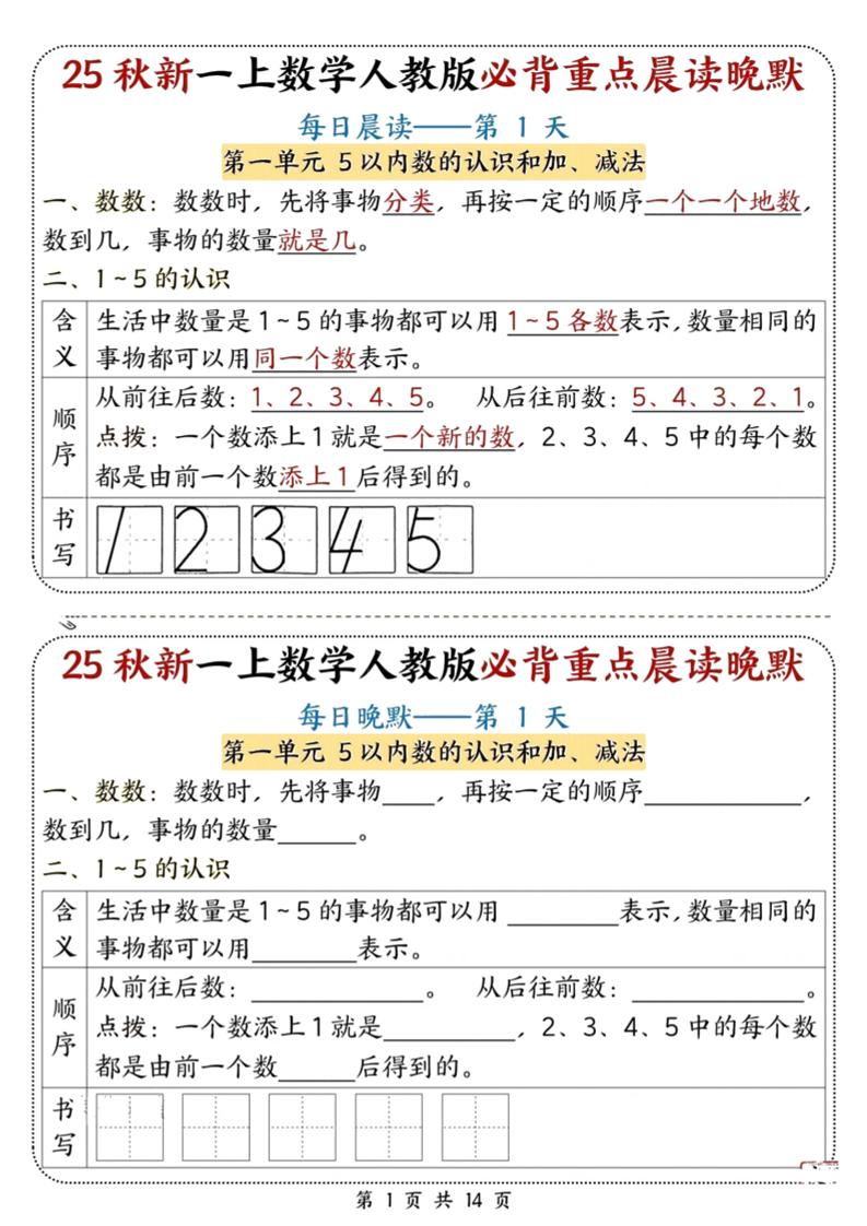 25秋新一上数学必背重点晨读晚默（人教版14页）-佳腾网赚
