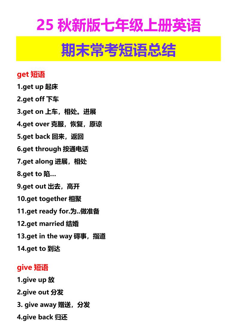 【2025秋新版】七年级上册英语期末常考短语总结-佳腾网赚