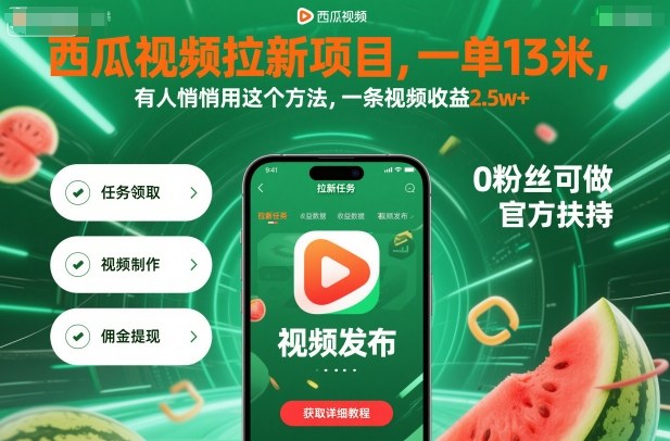 西瓜视频拉新项目，一单13米，有人悄悄用这个方法，一条视频收益2.5w+(附详细教程)-佳腾网赚