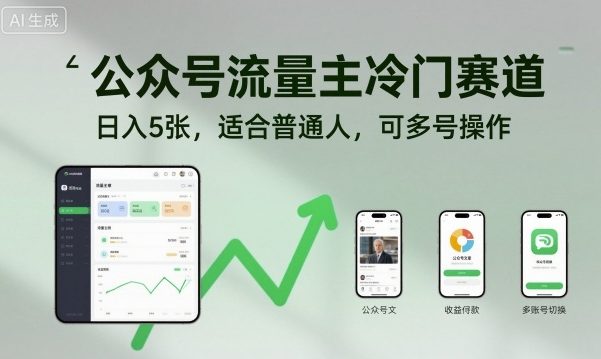 公众号流量主冷门赛道，日入5张，适合普通人，可多号操作-佳腾网赚
