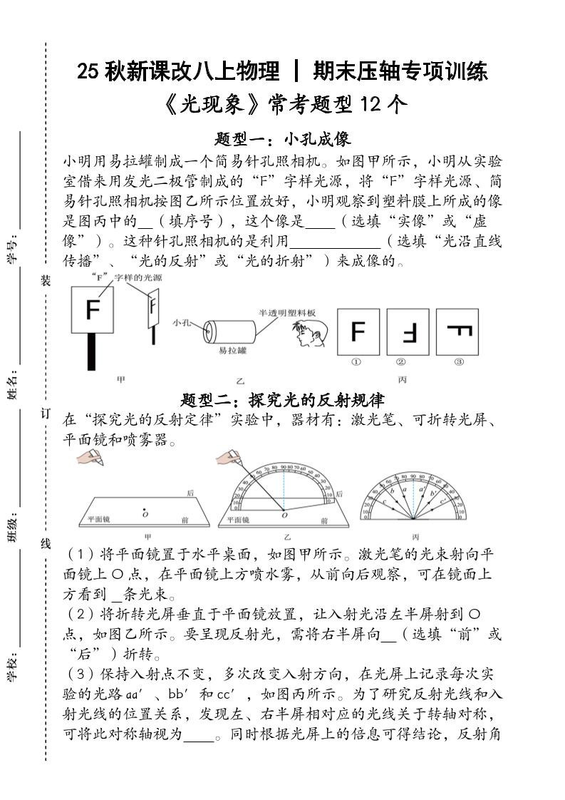 【2025秋新版】人教版八上物理_期末压轴专项训练《光现象》常考题型12个（含答案）-佳腾网赚