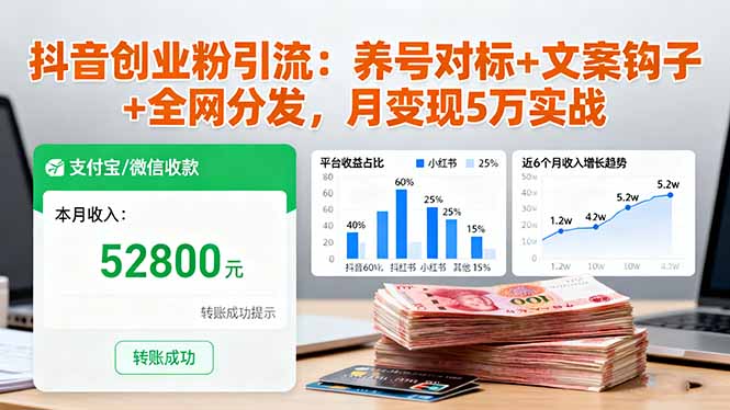 抖音创业粉引流：养号对标+文案钩子+全网分发，月变现5万实战-佳腾网赚