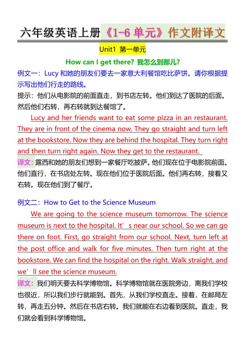 六年级英语上册《1-6单元》作文附译文-佳腾网赚