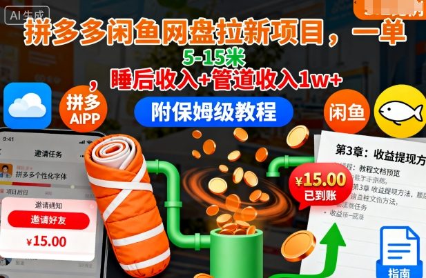 拼多多闲鱼网盘拉新项目，一单5-15米，睡后收入+管道收入1w+(附保姆级教程)-佳腾网赚