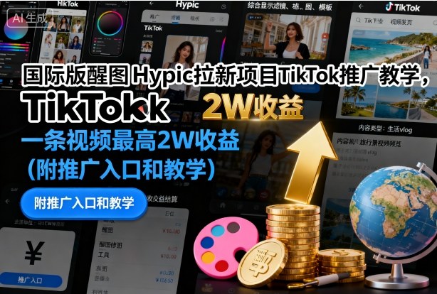 国际版醒图Hypic拉新项目TikTok推广教学，一条视频最高2W收益(附推广入口和教学)-佳腾网赚