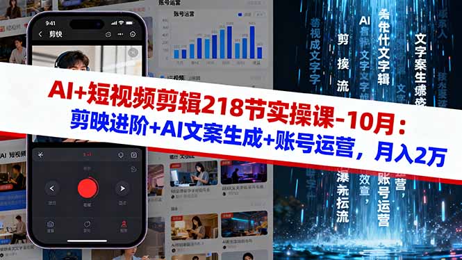 AI+短视频剪辑218节实操课-10月：剪映进阶+AI文案生成+账号运营，月入2万-佳腾网赚