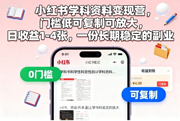 小红书学科资料变现营，门槛低可复制可放大，日收益1-4张，一份长期稳定的副业-佳腾网赚
