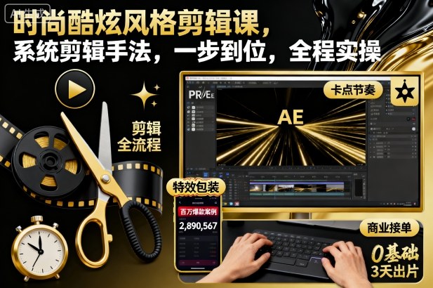 时尚酷炫风格剪辑课，系统剪辑手法，一步到位，全程实操-佳腾网赚