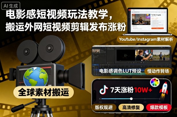 电影感短视频玩法教学，搬运外网短视频剪辑发布涨粉-佳腾网赚