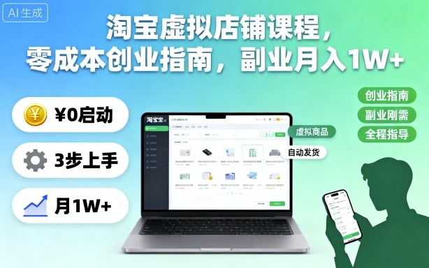淘宝虚拟店铺课程，零成本创业指南，副业月入1W+-佳腾网赚