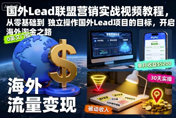 国外Lead联盟营销实战视频教程，从零基础到独立操作国外Lead项目的目标，开启海外淘金之路-佳腾网赚