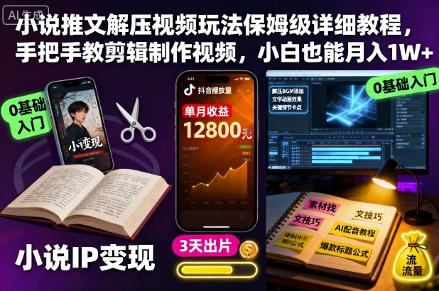 小说推文解压视频玩法保姆级详细教程，手把手教剪辑制作视频，小白也能月入1W+-佳腾网赚