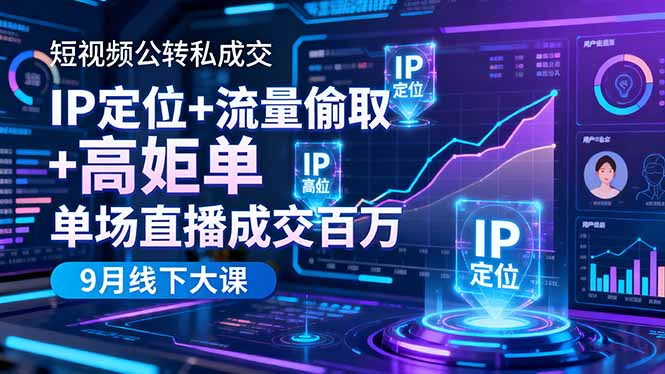 短视频公转私成交9月线下大课，IP定位+流量偷取+高客单，单场直播成交百万-佳腾网赚