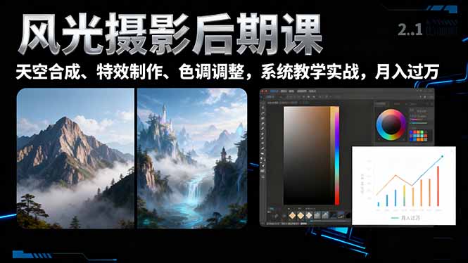 风光摄影后期课，一键换天空合成、特效制作、色调调整，月入过万-佳腾网赚
