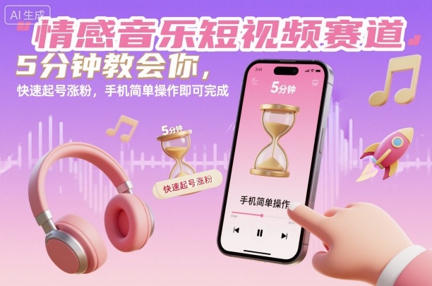 情感音乐短视频赛道，5分钟教会你，快速起号涨粉，手机简单操作即可完成-佳腾网赚