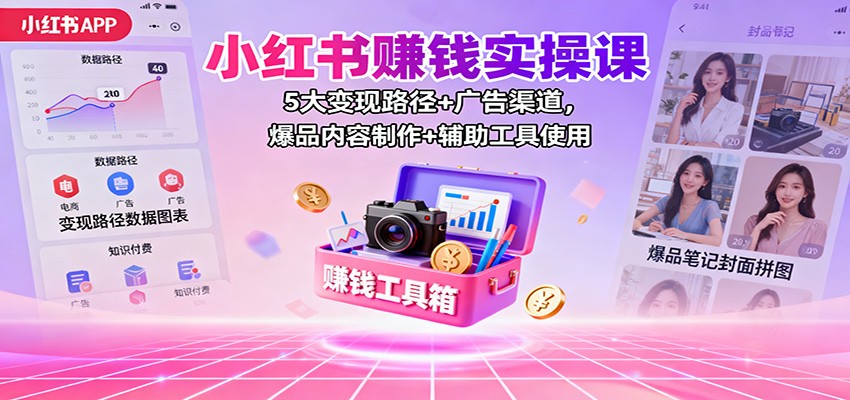 小红书赚钱实操课：5大变现路径+广告渠道，爆品内容制作+辅助工具使用-佳腾网赚