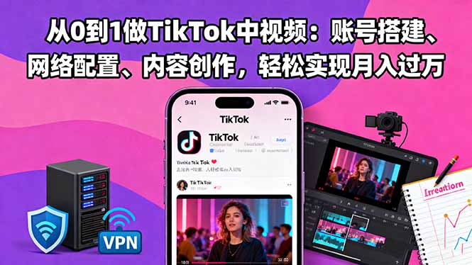 从0到1做TikTok中视频：账号搭建、网络配置、内容创作，轻松实现月入过万-佳腾网赚