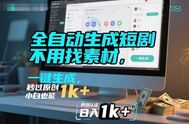 全自动生成短剧，不用找素材，不用剪辑，一键生成，秒过原创，小白也能轻松日入1k+【揭秘】-佳腾网赚