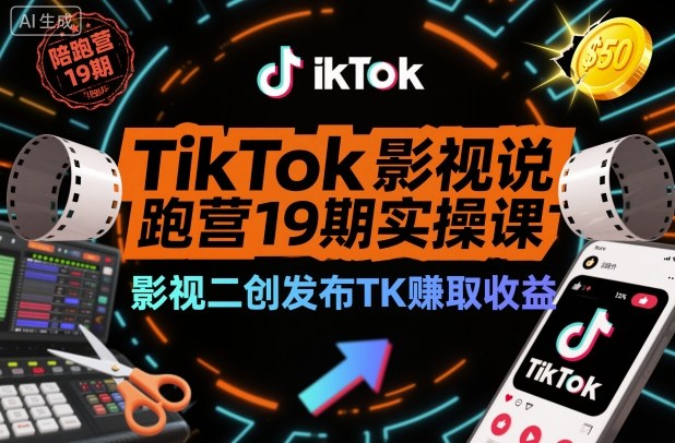TikTok影视解说陪跑营19期实操课，影视二创发布TK賺取收益，万播收益50美金-佳腾网赚