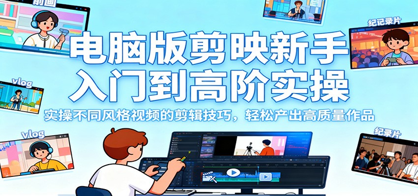 电脑版剪映新手入门到高阶实操，实操不同风格视频的剪辑技巧，轻松产出高质量作品-佳腾网赚