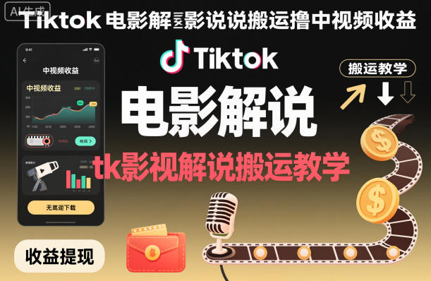 Tiktok电影解说搬运撸中视频收益，tk影视解说搬运教学-佳腾网赚