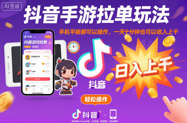 抖音手游拉单玩法，手机平板都可以操作，一天十分钟也可以收入上K【揭秘】-佳腾网赚