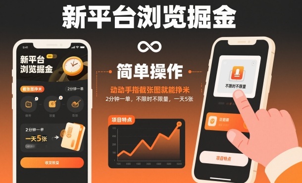 新平台浏览掘金，动动手指截张图就能挣米，2分钟一单，不限时不限量，一天5张【揭秘】-佳腾网赚