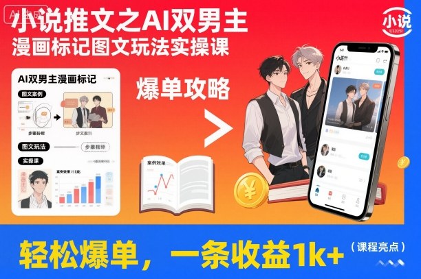 小说推文之AI双男主漫画标记图文玩法实操课，轻松爆单，一条收益1k+-佳腾网赚
