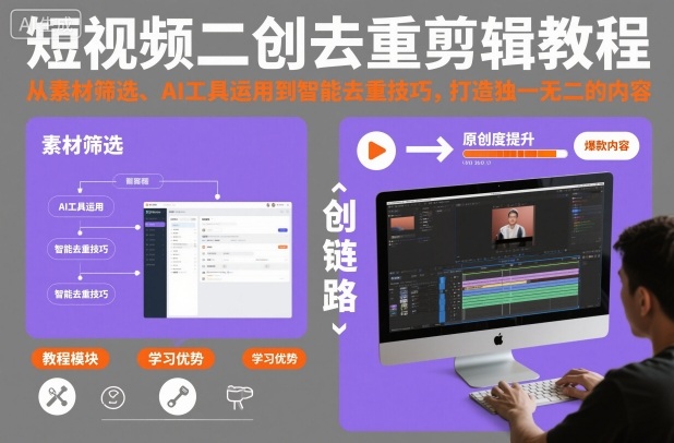短视频二创去重剪辑教程，从素材筛选、AI工具运用到智能去重技巧，打造独一无二的内容-佳腾网赚
