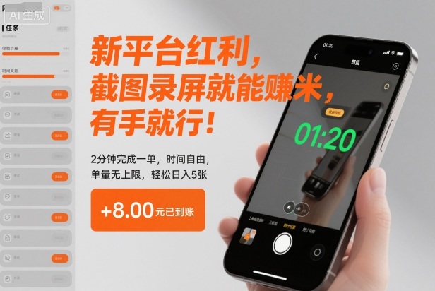 新平台红利，截图录屏就能賺米，有手就行！2分钟完成一单，时间自由，单量无上限，轻松日入5张【揭秘】-佳腾网赚