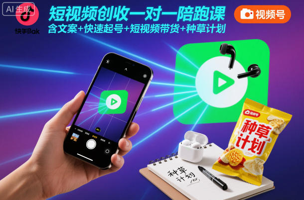 短视频创收一对一陪跑课，含文案+快速起号+短视频带货+种草计划-佳腾网赚