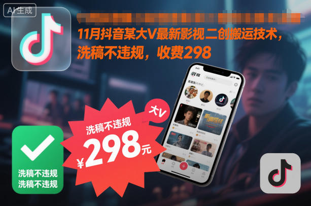 11月抖音某大V最新影视二创搬运技术，洗稿不违规，收费298-佳腾网赚