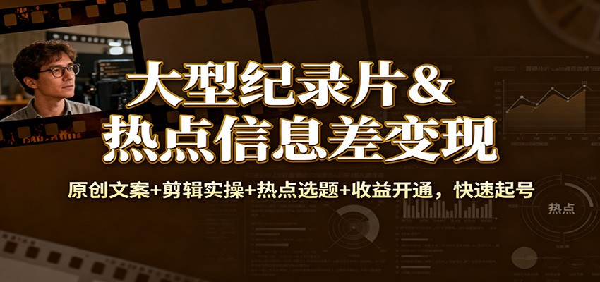 大型纪录片&热点信息差变现：原创文案+剪辑实操+热点选题+收益开通，快速起号-佳腾网赚