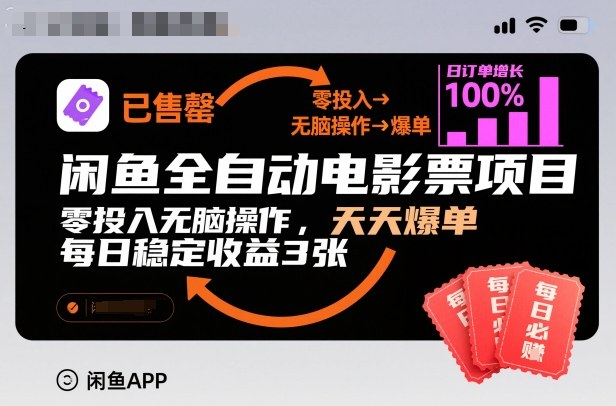 闲鱼全自动电影票项目，零投入无脑操作，天天爆单，每日稳定收益3张【揭秘】-佳腾网赚