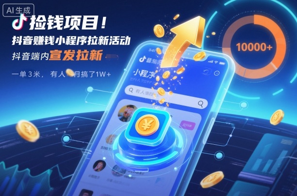 捡钱项目！抖音賺钱小程序拉新活动，抖音端内宣发拉新，一单3米，有人半个月搞了1W+-佳腾网赚
