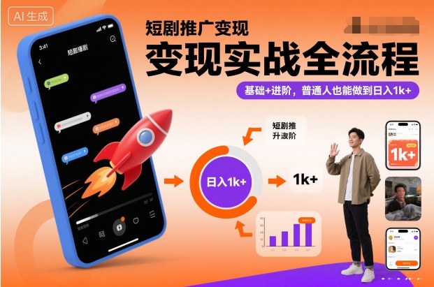 短剧推广变现实战全流程，基础+进阶，普通人也能做到日入1k+-佳腾网赚