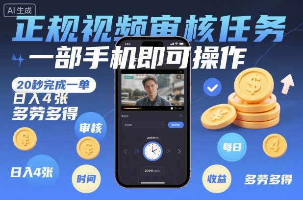 正规视频审核任务，一部手机即可操作，20秒完成一单，日入4张，多劳多得【揭秘】-佳腾网赚