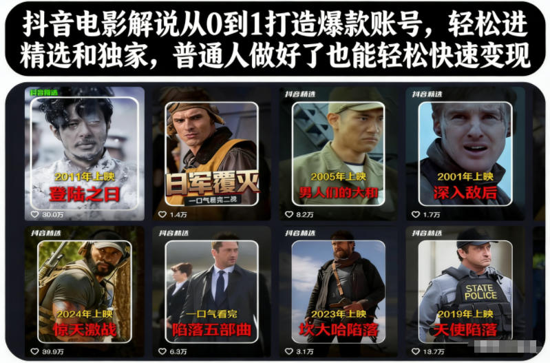 抖音电影解说从0到1打造爆款账号，轻松进精选和独家，普通人做好了也能轻松快速变现-佳腾网赚