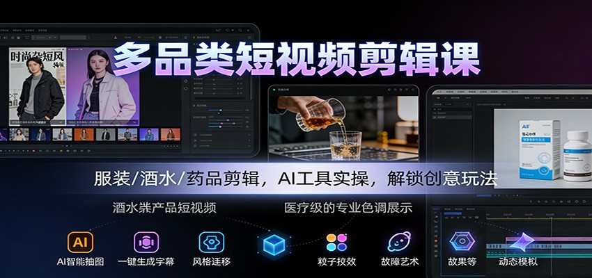 多品类短视频剪辑课：服装/酒水/药品剪辑，AI工具实操，解锁创意玩法-佳腾网赚