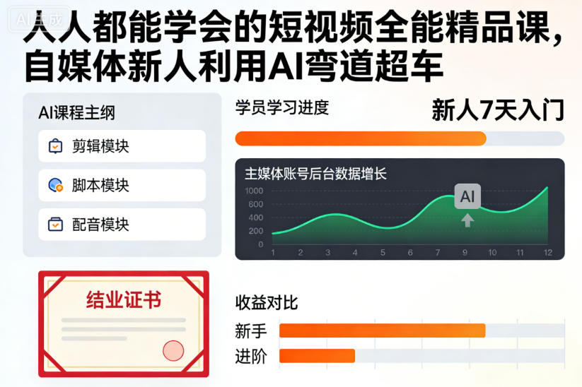 人人都能学会的短视频全能精品课，自媒体新人利用AI弯道超车-佳腾网赚