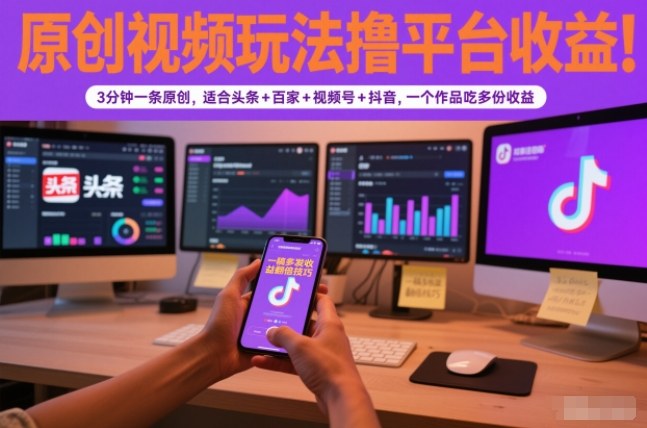 原创视频玩法撸平台收益，3分钟一条原创，适合头条+百家+视频号+抖音，一个作品吃多份收益-佳腾网赚